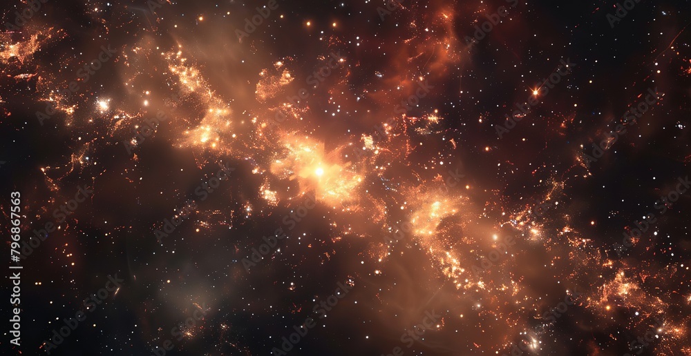 Fiery cosmic panorama. Nebula and star studded space with swirling cosmic dust and radiant starburst. Cosmic radiant abstract background for science and fantasy themes. Surreal infinite universe Fiery cosmic panorama. Nebula and star studded space with swirling cosmic dust and radiant starburst. Cosmic radiant abstract background for science and fantasy themes. Surreal infinite universe