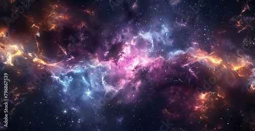 Fiery clouds and studded stars space with swirling cosmic dust and nebula. Surreal universe scenery in vibrant colors, abstract background for science and fantasy themes, presentations or art prints
