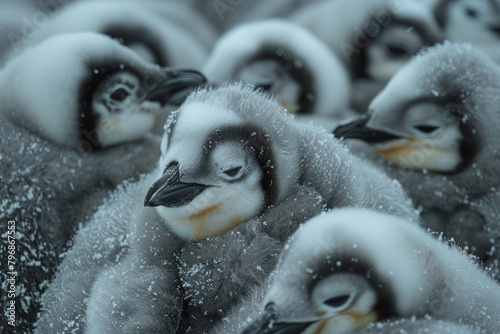 A group of emperor penguins huddled together for warmth in the Antarctic chill, photo