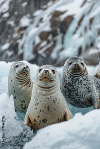 A group of crabeater seals sunning themselves on the ice, unconcerned by the harsh environment, photo