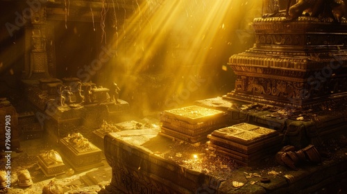 The interior of an ancient jungle temple bathed in golden sunlight, revealing ornate artifacts and treasures amidst a mystical atmosphere.