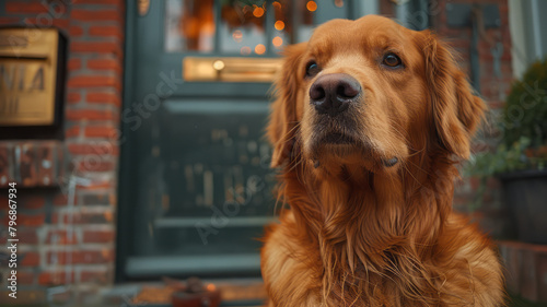 A golden retriever patiently waiting by the door, its eyes filled with anticipation of its ownerâ€™s return,