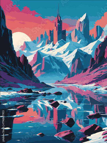 winter landscape with mountains, generative ai illustration, graphic design