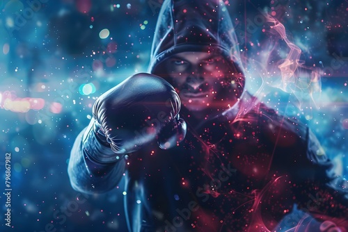 Boxing Hooded Figure in Cyberpunk World with Cosmic Background. Concept Cyberpunk Theme, Boxing Hooded Figure, Cosmic Background, Sci-fi Setting © Anastasiia