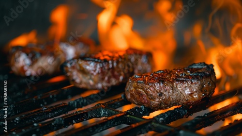 Grilled Steaks Over Open Flames on Barbecue