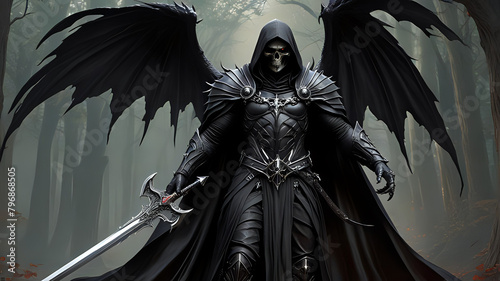 Dark Warrior Death Angel wearing Black Cloak holding Medieval Sword with Wings. Spiritual Fantasy Background. photo