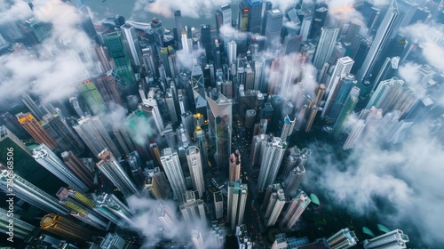 An aerial view of a bustling cityscape with sleek high-rise buildings reaching towards the clouds  epitomizing urban development.