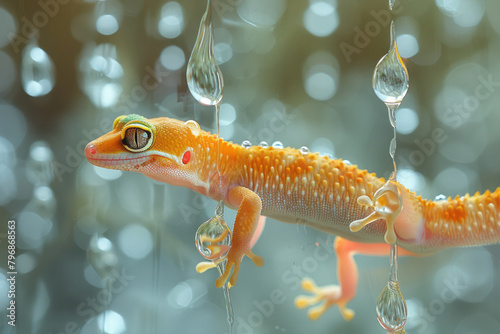 A gecko climbing a glass window, its tiny feet adhering to the surface with ease, photo