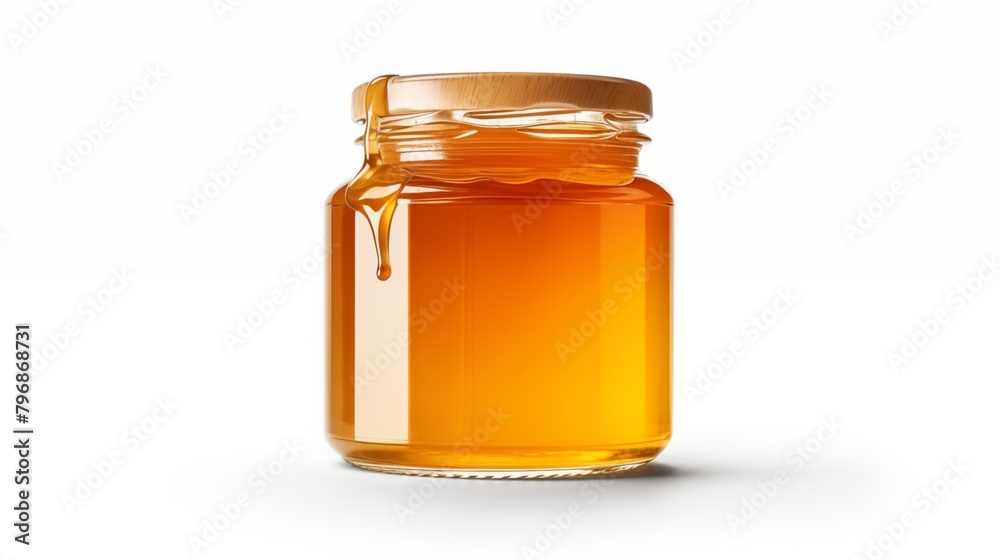 jar of honey isolated on white background.