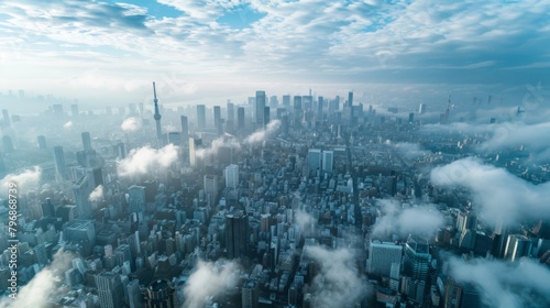 An aerial view of a bustling cityscape with sleek high-rise buildings reaching towards the clouds  epitomizing urban development.