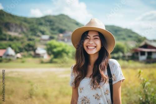 A Young tourist happily takes photos travel smile adult.