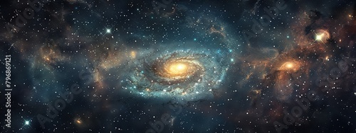 Spiral galaxy swirling among cosmic nebulae and stars on dark blue background. Panoramic view of deep space, suitable for educational content, wallpaper and space themed designs