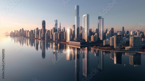An aerial view of a waterfront city skyline with sleek high-rise buildings reflecting in the calm waters below  creating a picturesque scene.