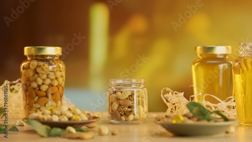 Mixed kinds of nuts falling from top in the open small jar, glass jars full of sweet fresh golden honey with nuts standing on the table. close up shot.