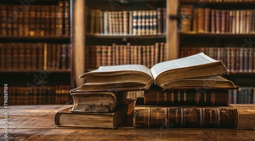 Stack of antique books with leather spines and open book on table against the background of old library. Vintage style concepts for educational topics, historical research or literary projects
