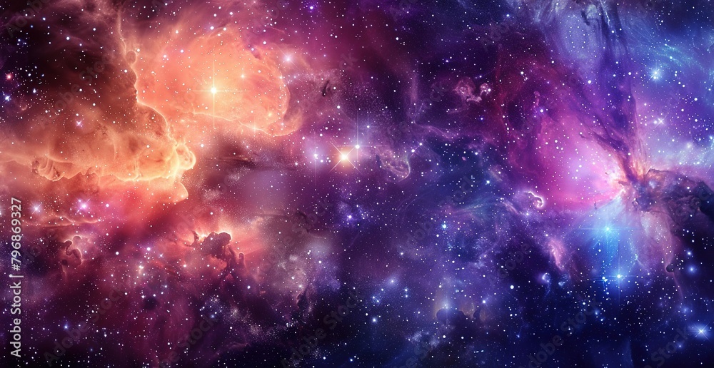 Luminous cosmic clouds with twinkling stars in space, interstellar dust and constellations shine in vibrant colors of purple, pink and blue. Background for science and fantasy themes or art prints