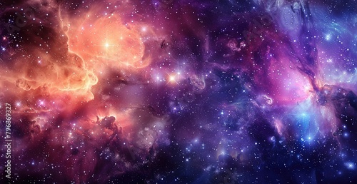 Luminous cosmic clouds with twinkling stars in space, interstellar dust and constellations shine in vibrant colors of purple, pink and blue. Background for science and fantasy themes or art prints