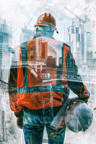 Double exposure of a construction worker holding a safety helmet and blueprints, superimposed on a surreal cityscape construction site background photo