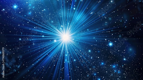 Brilliant flash of star in space with glowing particles and rays of light radiating from center. Background for abstract designs, science and celestial phenomena