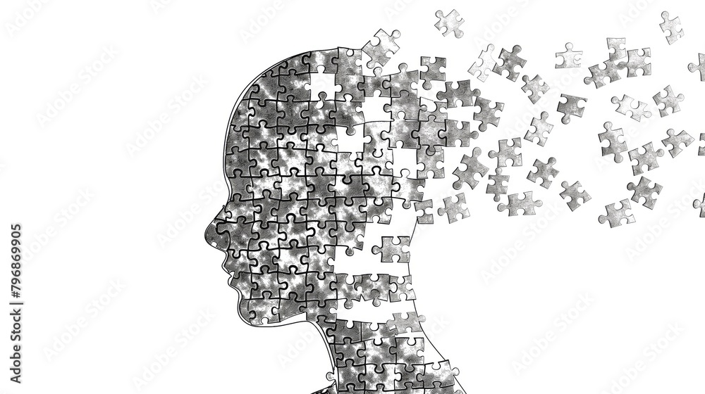 Monochrome ink drawing of a persons head made of puzzle pieces