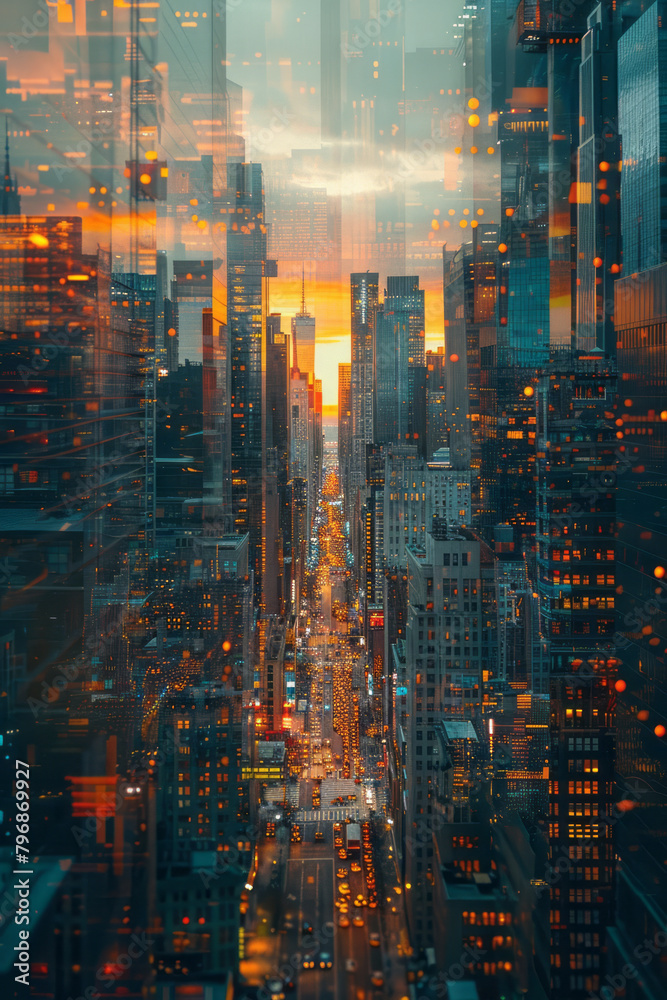 A digital skyline with buildings fragmenting into pixels, simulating a corrupted data file effect, A digital skyline with buildings fragmenting into pixels, simulating a corrupted data file effect,
