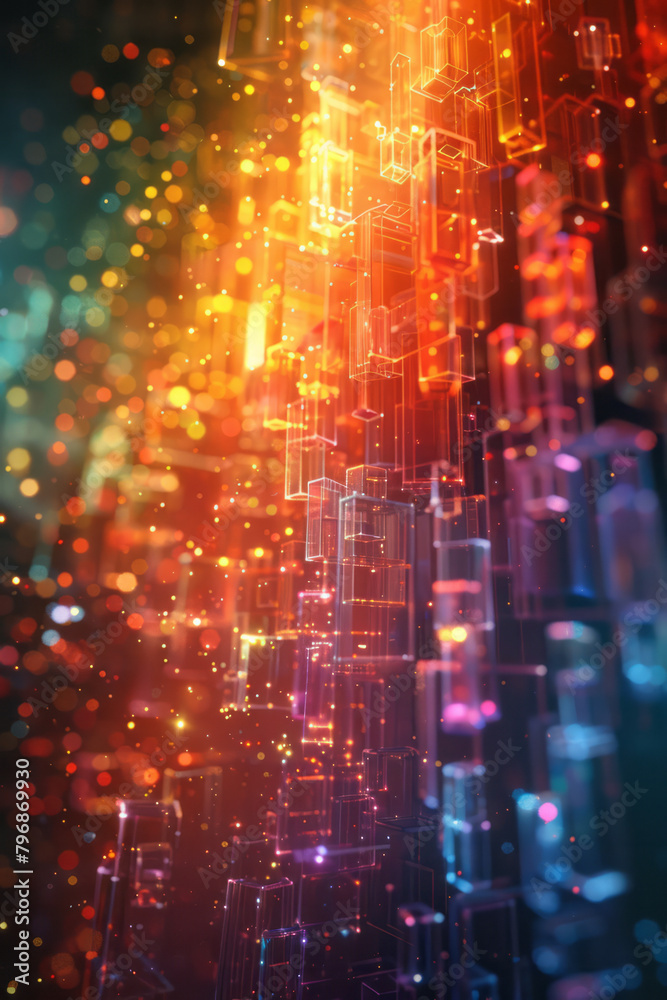 A digital explosion of pixels in a rainbow spectrum, perfect for technology-themed promotions,