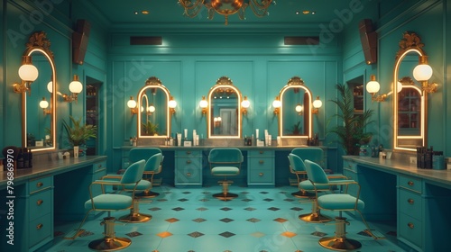 Barber shop with chairs, mirrors, and symmetry in interior design photo