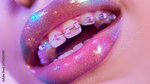 Closeup of a womans lip with braces, glitter on purple lips