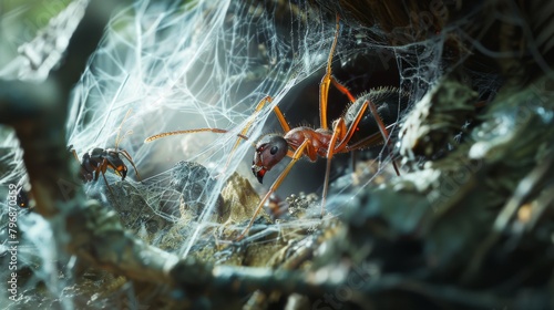 An ant trapped in a spider's web, struggling to escape while the predatory arachnid lurks nearby, illustrating the harsh realities of nature. photo