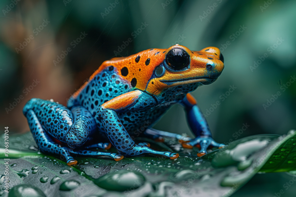 A colorful poison dart frog hopping along a wet leaf, its vivid colors a stark warning, A colorful poison dart frog hopping along a wet leaf, its vivid colors a stark warning,