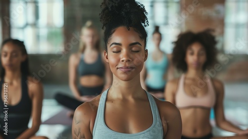 A young woman sits in a yoga pose with her eyes closed and a serene expression on her face. She is wearing a grey tank top and black leggings.