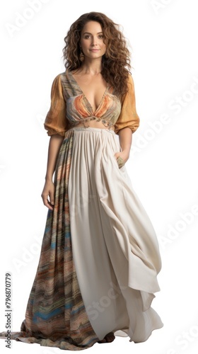 A woman in a bohemian dress fashion adult gown.
