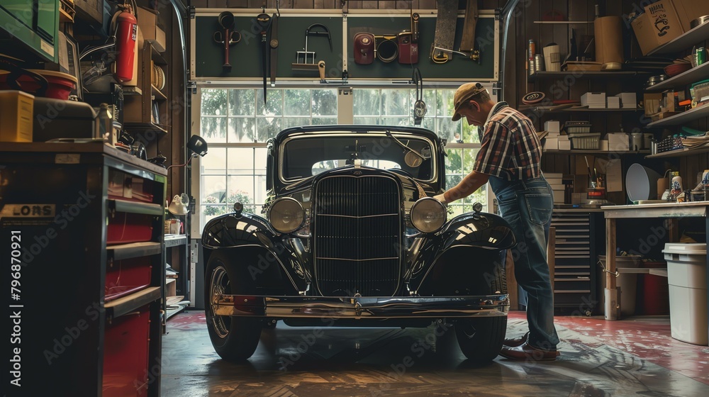 An elderly man lovingly polishes his classic car in his garage.