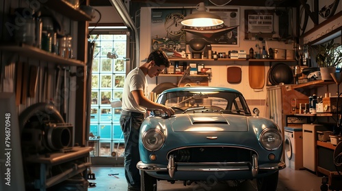 Young man working on a classic car in his garage.