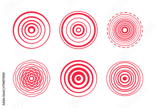 Pain red circle or localization mark. Target spot symbols for medical. Red rings. Sonar waves