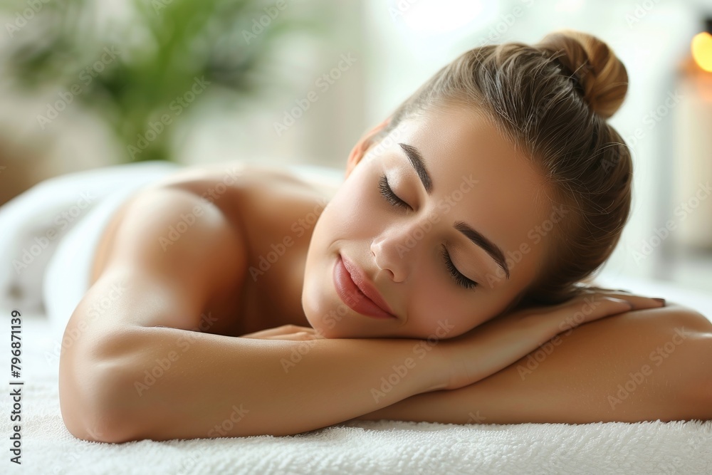 A peaceful woman lying on her stomach, comfortable and relaxed in a spa environment A peaceful woman lying on her stomach, comfortable and relaxed in a spa environment