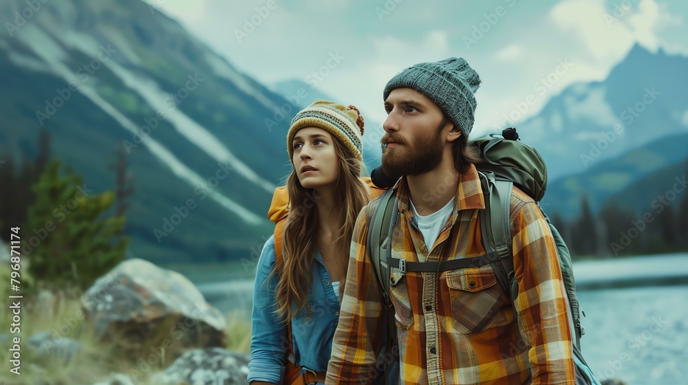 Young couple looking at the mountain landscape. They are wearing casual clothes and backpacks. The woman has long blond hair.