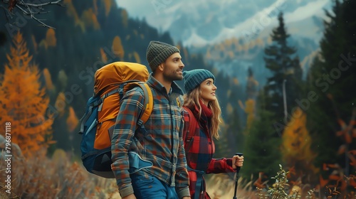 Young couple hiking in the mountains. They are both wearing backpacks and the woman is using a walking stick.
