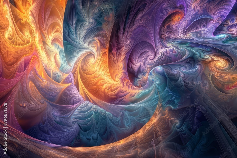 mesmerizing fractal symphony intricate waves and spirals in vibrant hues organic flowing patterns infinite complexity digital art