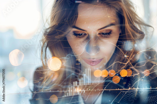Double exposure portrait of an attractive businesswoman working on a tablet, combining her focused expression with a dynamic business-related overlay photo