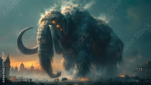 Mysterious urban legend of ghostly mammoth haunting city at night. Concept Urban Legends, Ghostly Mammoth, Haunted City, Mysterious Encounters, Nighttime Hauntings