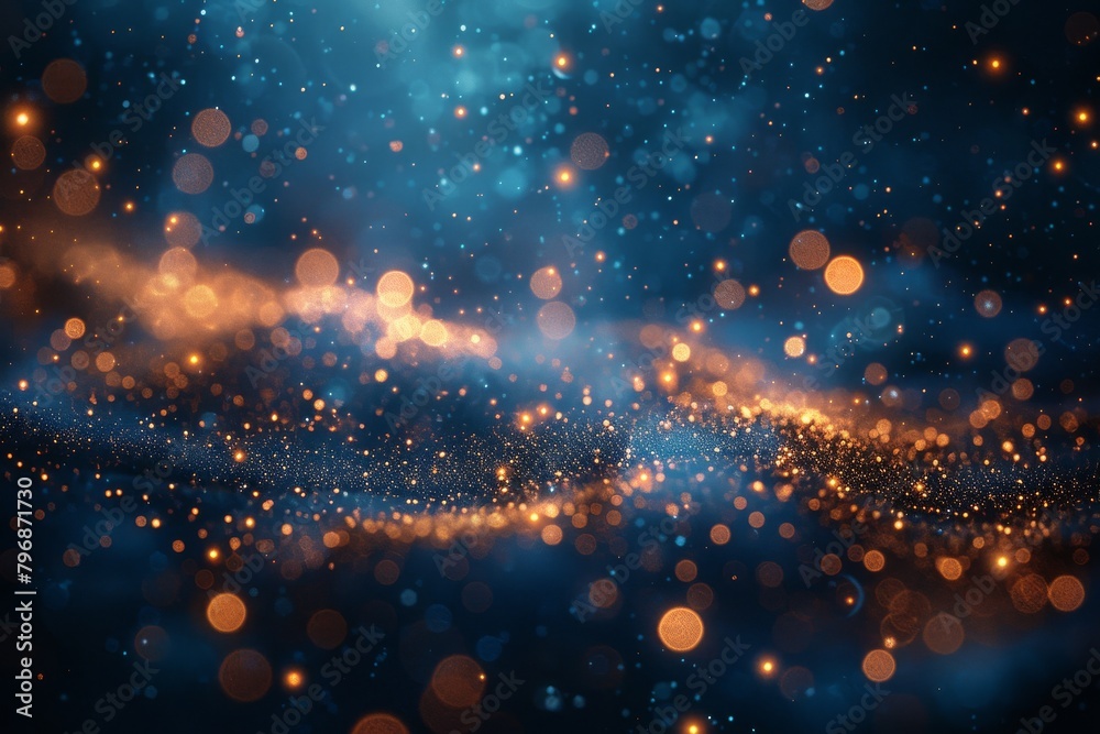 A dynamic and artistic representation of a swirling cosmic scene with blue tones and orange sparkles