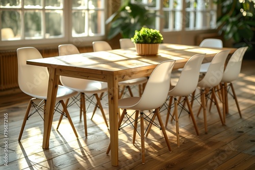 A minimalist dining room with soft sunlight on a simple wooden table  surrounded by white designer chairs and large windows