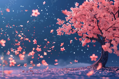 sakura tree and falling sakura leaves on dark blue background