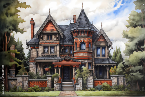 Gothic Revival Style House (Cartoon Colored Pencil) - Originated in the mid-19th century in England, characterized by pointed arches, elaborate ornamentation, and steeply pitched roofs 