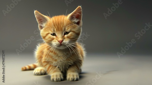 A cute ginger kitten sits on a white background looking at the camera with big green eyes. The kitten is very soft and fluffy.