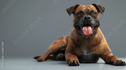 A studio shot of a brown pit bull terrier dog against a gray background. The dog is lying down with its head turned slightly to the right.