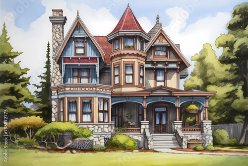 Queen Anne Style House (Cartoon Colored Pencil)- Originated in England in the late 19th century, characterized by asymmetrical design, steep roofs, and decorative details such as spindles and brackets