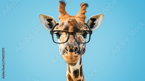 A close-up of a giraffe wearing horn-rimmed glasses. The giraffe is looking at the camera with a curious expression.