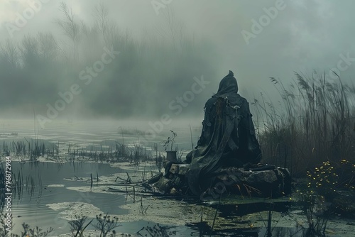 mysterious shaman idol in misty siberian swamp with dark sky atmospheric landscape photography photo